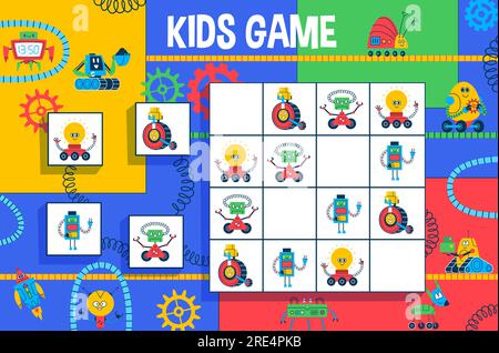 Sudoku-Kinderspiel, Cartoon-Roboter und Droiden blockieren ein Vektorrätsel des Arbeitsblatts für Kindererziehung. Logikrätsel mit lustigen Roboterspielzeugen und -Maschinen, Androiden, Droiden und Cyborgs auf farbigem Hintergrund Stock Vektor