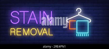 Fleckenentfernung Neonschild. Kleiderbügel mit Handtüchern Stock Vektor