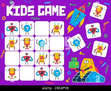 Sudoku-Kinderspiel, Cartoon-Roboter und Droiden-Charaktere-Vektorarbeitsblatt. Oldtimer-Roboter-Spielzeug Puzzle-Quiz, niedlicher humanoider Cyborg aus Metall, Weltraummaschine und android Assistant Logic Block-Spiel Stock Vektor