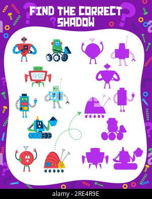Finden Sie den richtigen Schatten von Cartoon-Robotern und Droiden, Roboterspielzeug und Weltraummaschinen. Vector-Kinder-Quiz oder passendes Puzzle-Arbeitsblatt mit niedlichem Oldtimer-Roboter-Graber, humanoidem Cyborg und android Stock Vektor