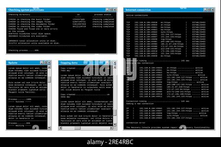 Retro-Software-Windows-Oberfläche, Browser-Registerkarten des alten Betriebssystems, Vektorbildschirme. Registerkarten mit Befehlscodes von Webbrowsern und Internet-Datenfeldern im Retro-PC-Desktop-Betriebssystem und UI-Nachrichtenfeld Stock Vektor