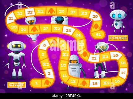 Kinder-Brettspiel mit Cartoon-Robotern und Droiden, Androiden und Cyborg-Bots, Vektor-Tischpuzzle. Kinder können das Labyrinth-Labyrinth-Brettspiel mit Droidenrobotern, Chatbots und AI-Außerirdischen aufspüren und bewegen Stock Vektor
