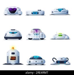Staubsaugerroboter, VCR-Droiden-Set. Intelligente Vector-Elektronik zum Waschen oder Kehren von Böden, Haushaltsgeräten, drahtlosen Cyborgs für die allgemeine Ordnung und Sauberkeit. Roboter-Bots zum Staubsaugen isolierter Objekte Stock Vektor