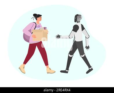 Das Mädchen kommt mit Box zur Arbeit. Roboter trifft sich, streckt ihre Hand zur Begrüßung aus. Personalbeschaffung. Zusammenarbeit, gemeinsame Arbeit. Bürokonzept. Stellen Sie bei ein Stock Vektor