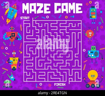 Labyrinth-Labyrinth von Cartoon-Robotern und Droiden, um den Ausgang zu finden. Vektorarbeitsblatt eines Kinderspiels oder Rätselquiz mit alten Roboterfiguren. Quadratisches Labyrinth mit humanoidem Cyborg, android-Assistent Stock Vektor