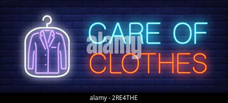 Pflege der Kleidung Neonschild. In Plastiktüte umhüllen Stock Vektor