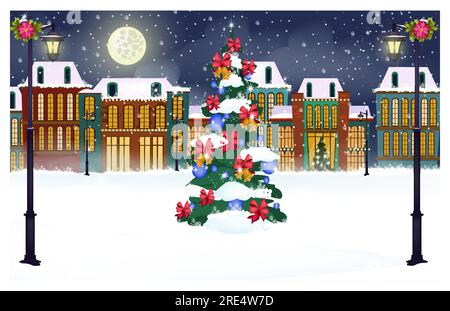 Winterlandschaft mit Hütten und dekoriertem Tannenbaum-Vektor Stock Vektor