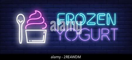 Gefrorener Joghurt-Neontext mit Cupcake und Löffel Stock Vektor