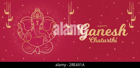 Happy Ganesh Chaturthi Poster. Kunstvoll verzierte Grafik des Hindu-Festivals. Golden Mandala Design horizontales Banner Vektordarstellung. Post in sozialen Medien, Stock Vektor