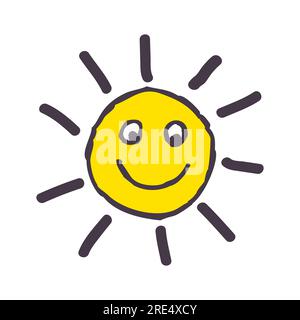 Doodle Smiling Sun-Symbol. Farbenfrohes, handgezeichnetes Symbol für Sonnenwetter Stock Vektor