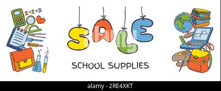 „Doodle Back to School“-Sale-Banner. Handgezeichnete Briefe. Poster zum Verkauf von Schulzubehör Stock Vektor
