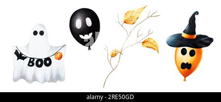 Aquarelle Halloween-Ballons und süße Geisterbilder mit gruseligen Gesichtern und Baumzweig mit goldenem Laub. Mit der Hand gemalt, orange, schwarz, weiß Stockfoto