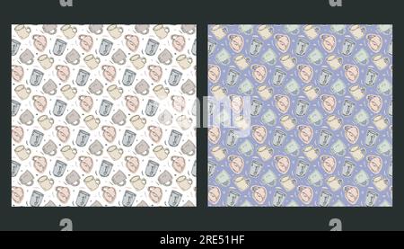 Nahtlose Musterung 2-Set. Handgezeichnetes Skizzendesign, Pinsellinie in schwarzer Tinte, Zeichentrickfilm-Stil. Farbpalette in natürlichen Pastelltönen Stock Vektor