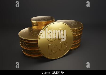 Digitale Währung Der Zentralbank. Goldmünzen der CBDC auf schwarzem Hintergrund. 3D Abbildung. Stockfoto