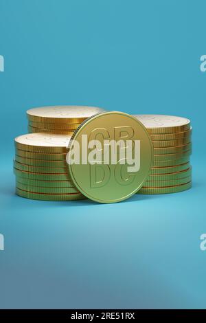 Digitale Währung Der Zentralbank. Goldmünzen der CBDC auf blauem Hintergrund. 3D Abbildung. Stockfoto