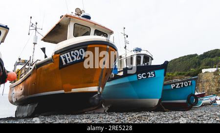 CADGWITH, CORNWALL, GROSSBRITANNIEN - 1. JULI 2023. Traditionelle kornische Fischerboote aus dem Wasser und am Kieselstrand am beliebten Touristenziel Stockfoto