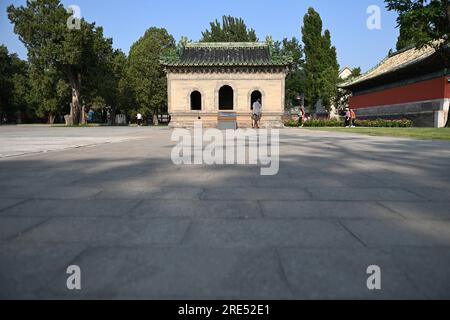 (230725) -- PEKING, 25. Juli 2023 (Xinhua) -- Menschen besuchen den Tempel der Landwirtschaft in Peking, Hauptstadt von China, 19. Juli 2023. Die Pekinger Zentralachse, Zhongzhouxian, wurde ursprünglich in der Yuan-Dynastie (1271-1368) erbaut und erstreckt sich 7,8 Kilometer zwischen dem Yongding-Tor im Süden der Stadt und dem Trommelturm und Glockenturm im Norden. Die meisten der großen alten Gebäude von Peking liegen entlang dieser Achse. Tore, Paläste, Tempel, Plätze und Gärten der Altstadt sind alle mit der Achse verbunden. Als sie die Volksaktivitäten entlang der Linie von alten bis zu neuen beobachteten, denken sie daran Stockfoto