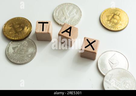 Holzblöcke mit Buchstaben und Bitcoin Münzen. 3D-Rendering isoliert Stockfoto