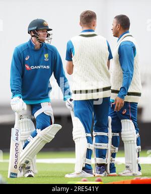 Steve Smith aus Australien, Marnus Labuschagne und Usman Khawaja (links-rechts) während einer Nets-Sitzung vor dem fünften Testspiel der LV= Insurance Ashes Series im Kia Oval, London. Bilddatum: Dienstag, 25. Juli 2023. Stockfoto