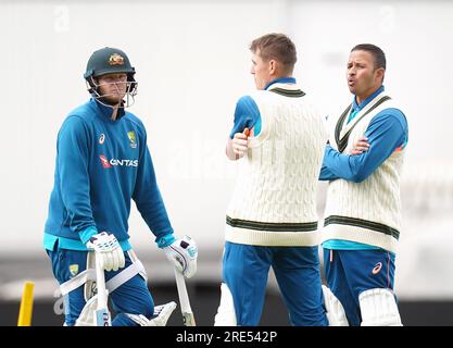 Steve Smith aus Australien, Marnus Labuschagne und Usman Khawaja (links-rechts) während einer Nets-Sitzung vor dem fünften Testspiel der LV= Insurance Ashes Series im Kia Oval, London. Bilddatum: Dienstag, 25. Juli 2023. Stockfoto