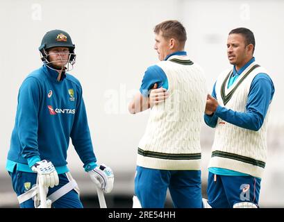 Steve Smith aus Australien, Marnus Labuschagne und Usman Khawaja (links-rechts) während einer Nets-Sitzung vor dem fünften Testspiel der LV= Insurance Ashes Series im Kia Oval, London. Bilddatum: Dienstag, 25. Juli 2023. Stockfoto