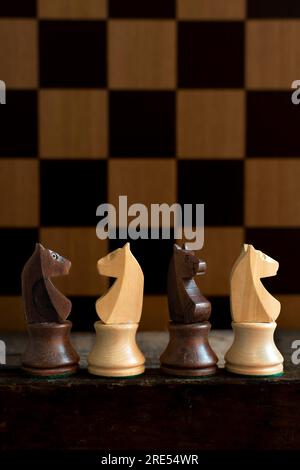 Pferde, Schachfiguren und Schachbrett Stockfoto