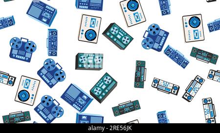 Nahtloses Muster endlos mit Musik-Audiokassette Alte Retro-Kassettenrekorder Vintage-Hipster aus den Jahren 70s, 80s und 90s isoliert auf weißem Hintergrund. Vektor il Stock Vektor