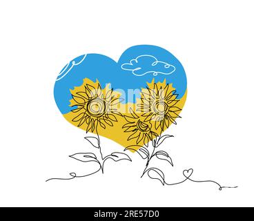 Sonnenblumen einfache Vektorzeichnung. Ukrainischer Herzvektordruck in Gelb und Blau. Eine Strichzeichnung von Sonnenblumen Stock Vektor