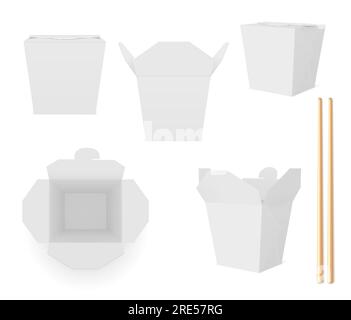 Weiße Wok-Box mit Stäbchen Vektor 3D-Modell. Papierverpackungen für chinesisches Essen, Nudeln oder gebratener Reis und Bambusstäbchen, geschlossene und offene Take-away Packs mit Blick von vorne und von oben isoliertes realistisches Set Stock Vektor