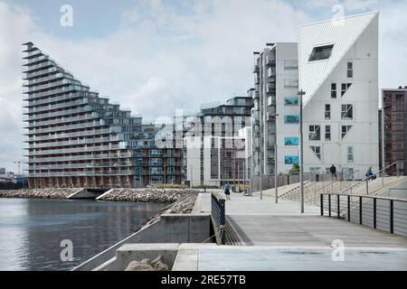 Aarhus Residential Development (L) and the Iceberg Houses (R), Aarhus docklands, Dänemark. Stockfoto