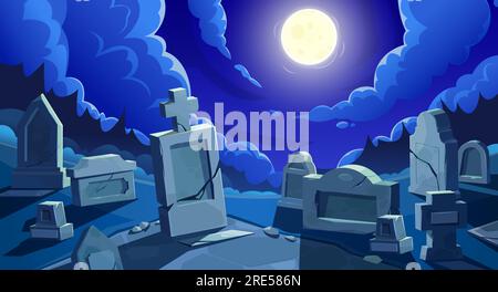 Friedhof bei Nacht mit Vollmond, Vektorfriedhof mit Grabsteinen und gerissenen Steinkreuzen. Alte gruselige Grabstätten in der Nacht unter bewölktem Himmel in der Dämmerung. Cartoon-Gedenkstätten auf dem gruseligen Friedhof Stock Vektor