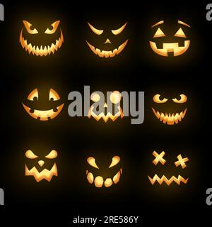 Das glühende Monster sieht isolierte Vektorsymbole, Halloween Horror Emoticons. Gruselige Emojis von wütenden Zombies, Teufeln und Dämonen, Geistern und Außerirdischen, gruselige Kreaturen mit bösen Augen, Zähnen und gruseligem Lächeln Stock Vektor