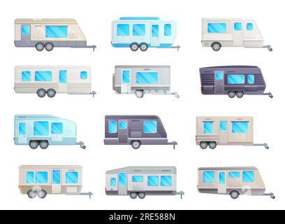 Wohnmobil- oder Wohnwagen-Vektorset mit Wohnmobil- und Transportdesign. Campingwagen und Wohnmobile, Wohnmobil für Familien, Camping, Sommerurlaub und Roadtrip-Design Stock Vektor