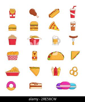 Fast Food – dünne Linie – Symbolset mit Junk-Snack. Hamburger, Pizza und Hot Dog, Fleischsandwich, Donut und Huhn, Kaffee, Limonade, pommes frites, Cheeseburger, Kuchen und chinesische Nudeln, Taco, Popcorn und Nacho Stock Vektor