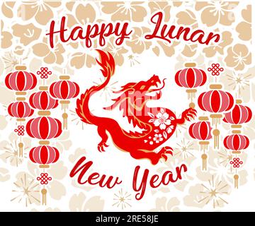 2024 Chinesisches Neujahr des Drachen. Design-Element für die chinesische Mondzodiacs-Kollektion. Silhouette eines goldenen Drachen auf rotem Hintergrund. Symbol für Stock Vektor