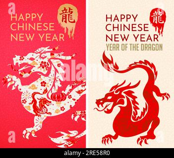 Banner Postkartenset Happy Chinese New year 2024, Year of the Dragon, rot-goldenes Papier, Blumen und asiatische Elemente mit Kunsthandwerk Hintergrund, asiatisch Stock Vektor