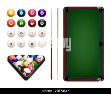 Billard-Sportbälle, Tisch, Spielspaß und Regal realistisches Vektordesign des Pools und der Snooker-Ausrüstung. Pyramide aus bunten Kugeln, Holzstäbchen und Dreieckrahmen, grüner Tisch mit Taschen Stock Vektor