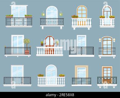 Balkone aus Haus- oder Apartmentgebäuden, Vektordesign von Architekturelementen. Balkons mit Hausfassade, Fenstern, Türen und Geländern, Eisen- und Steinbalustraden mit Glas, Blumenkachepots, Lampen Stock Vektor