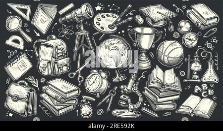 Bildungskonzept. Ein Satz Schulgegenstände, gezeichnet in Kreide auf schwarzem Schulbrett. Vektordarstellung Stock Vektor