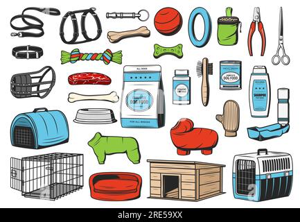 Hundetierpflege, Vektorsymbole der Tierhandlung. Hundefutter, Spielzeug und Pflegezubehör, Fütterschüssel, Halsband und Leine, Hundezwinger, Bett, Träger und Gurtzeug, Bürste und Shampoo Stock Vektor