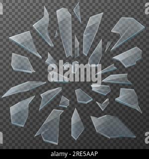 Zerbrochenes Glas splittert realistisches Vektordesign. Transparente Glasablagerungen von zerbrochenen Fenstern, zerbrochene Teile, Bruchteile und kleine Partikel mit scharfen Kanten auf transparentem Hintergrund Stock Vektor