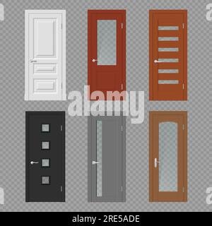 Innentür, Zimmereingang und realistische Vektormodelle am Eingang. Holztüren auf transparentem Hintergrund 3D-Vorlage mit Gehäuserahmen, Glasscheiben, silbernen Metallgriffen und -Scharnieren, Innendesign Stock Vektor