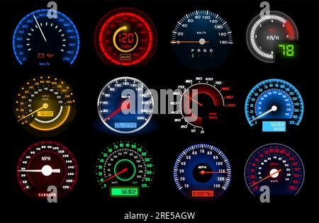 Tachometer, Geschwindigkeitsanzeige, Vektor-Armaturenbrett-Skala für Auto. Fahrzeugplatine realistische Schnittstelle, Geschwindigkeitsbeschleunigung, Transporttechnologie. Isolierte Tachometer mit km-Ziffern und Pfeilen Stock Vektor