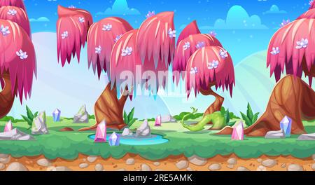 Fantasievolle Spiellandschaft, nahtloser Vektorhintergrund mit Cartoon Feenwald. animationsvideo zu außerirdischen Dschungelbäumen, Boden und Gras, Schatzkristallen und magischen Steinen, rosafarbenen Blättern, Blumen Stock Vektor