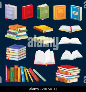 Zeichentrickbücher, Bestseller, Schulbücher, Vektorset. Geschlossene und offene Wörterbücher mit farbenfrohen Umschlägen und Lesezeichen. Einzelne Objekte und Stapel, Bücher stehen in Reihe auf dem Bücherregal im Geschäft oder in der Bibliothek Stock Vektor