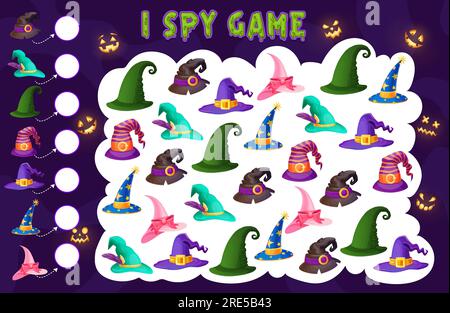 Kinder, die Spionage-Spiel-Zauberer sind und Hexenhüte, Kinder rätseln. Vektorlabyrinth, Cartoon-Spiel mit Halloween-Magier-Mützen. Arbeitsblatt für pädagogische Aktivitäten für Kinder mit märchenhafter Kopfbedeckung und Kürbislaternen Stock Vektor