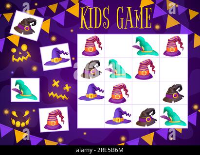 Halloween-Kinderlabyrinth-Spielassistent und Hexenhut-Sudoku-Rätsel für Kinderaktivitäten. Vektorschule, Kindergartenpädagogik, wie viele Zauberer auf einem karierten Brett haben. Cartoon-Brettspiel-Arbeitsblatt Stock Vektor
