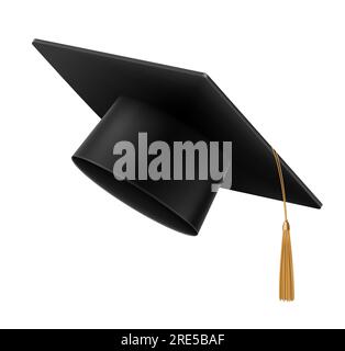 Abschlusskappe für Studenten mit Quaste, isolierter Universitäts- oder Universitätsstudenten-Hut, Vektorabschluss. Schwarze Mörtelmörtelmütze mit goldener Quaste und Kordel für die Abschlusszeremonie, 3D Schulkleid-Mütze Stock Vektor