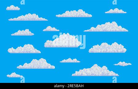 Weiße Pixel flauschige Luftpolsterwolken am blauen Himmel. 8-Bit-Art-Spiel Vektor-Hintergrund des bewölkten Himmels mit Mine-Craft-Blockwolken, verpixelte Wolkenlandschaft mit Mosaikstruktur, Arcade-Videospiel-ui Stock Vektor