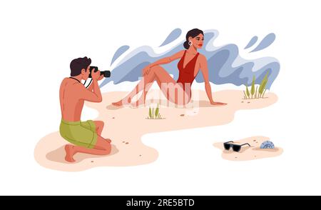 Ein Mann, der eine Frau am Strand fotografiert. Frau im Badeanzug posiert während der Fotosession am Strand, Touristen fotografieren oder ein Paar fotografiert während des Urlaubs. Reiseerinnerungen, Vektorszene Stock Vektor
